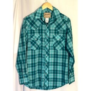 Wrangler Mens Western Fashion Snap Shirt Teal Plaid Long Sleeve Pearl Snap Small